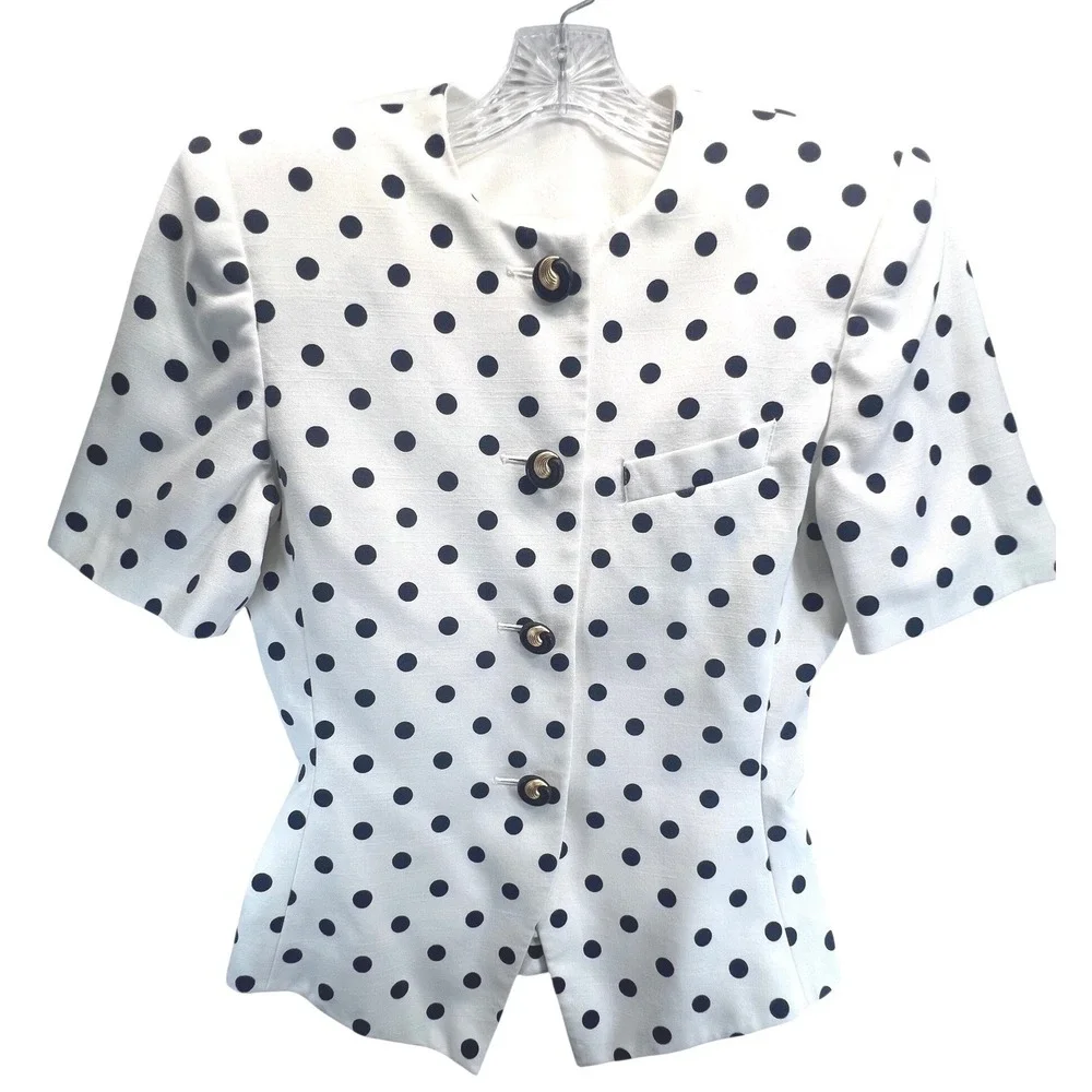 Kasper for ASL Vintage White Navy Polka Dot Short Sleeve Blazer Jacket Size 6